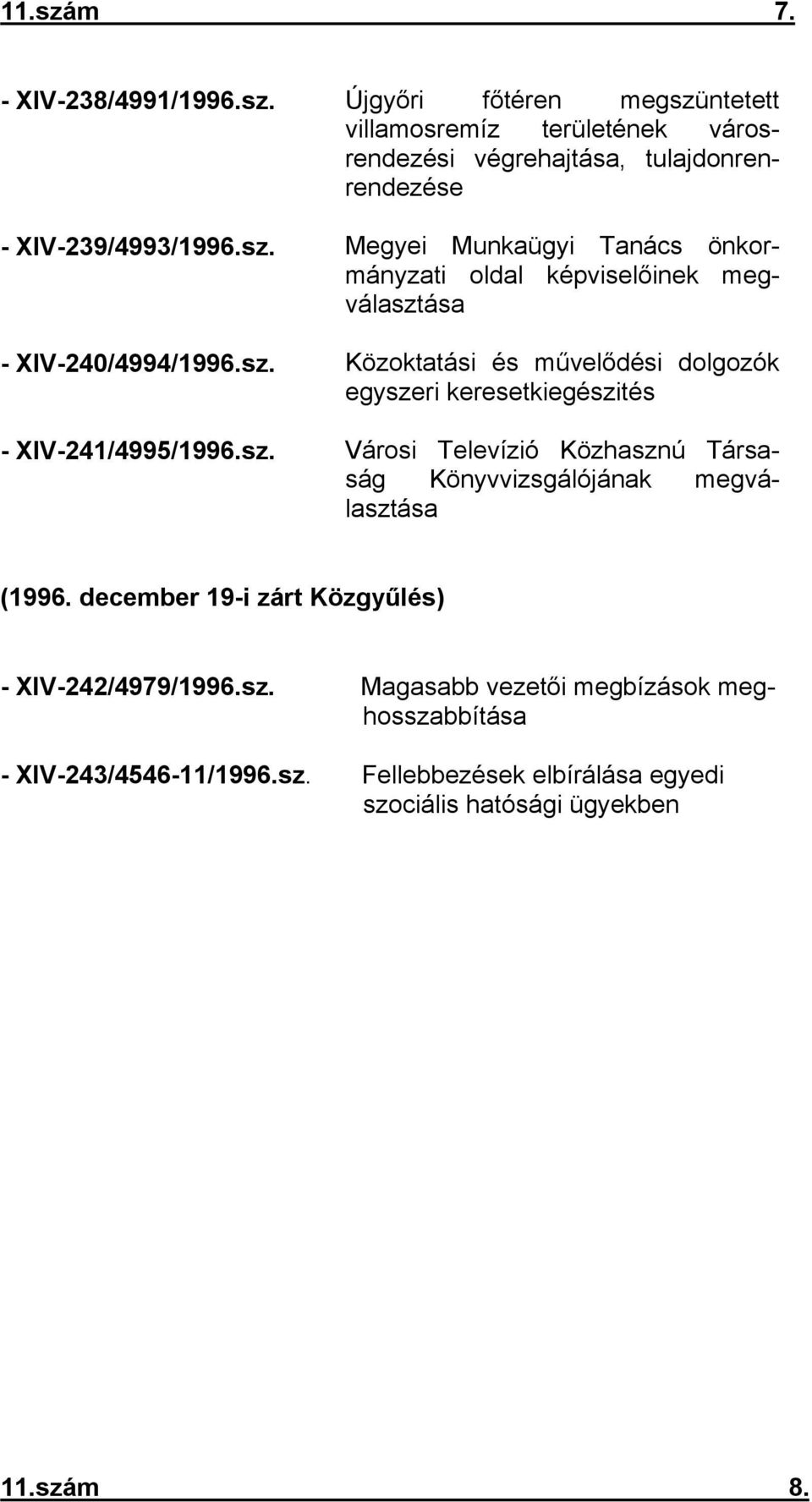 sz. Városi Televízió Közhasznú Társaság Könyvvizsgálójának megválasztása (1996. december 19-i zárt Közgyűlés) - XIV-242/4979/1996.sz. Magasabb vezetői megbízások meghosszabbítása - XIV-243/4546-11/1996.