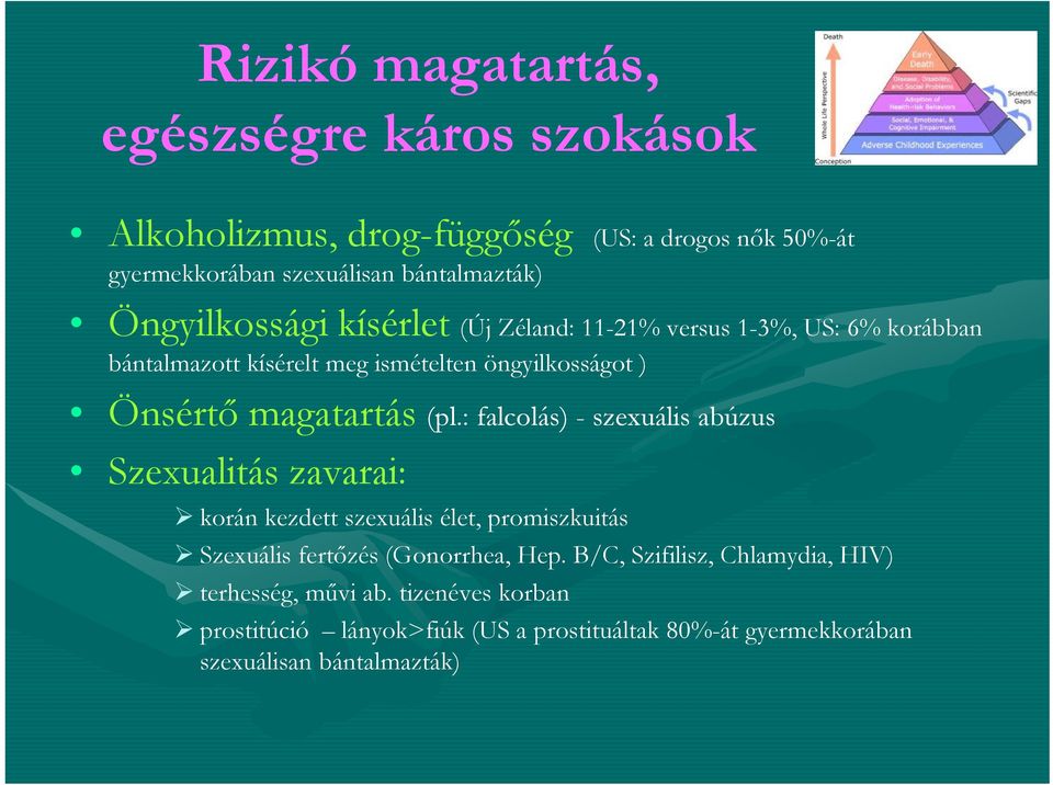 (pl.: falcolás) - szexuális abúzus Szexualitás zavarai: korán kezdett szexuális élet, promiszkuitás Szexuális fertőzés (Gonorrhea, Hep.