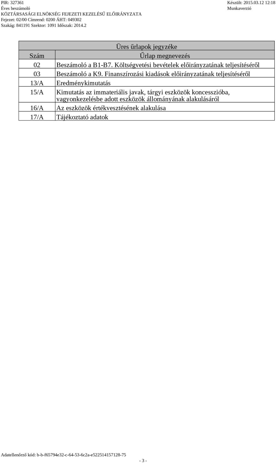 Finanszírozási kiadások előirányzatának teljesítéséről 13/A Eredménykimutatás 15/A Kimutatás az