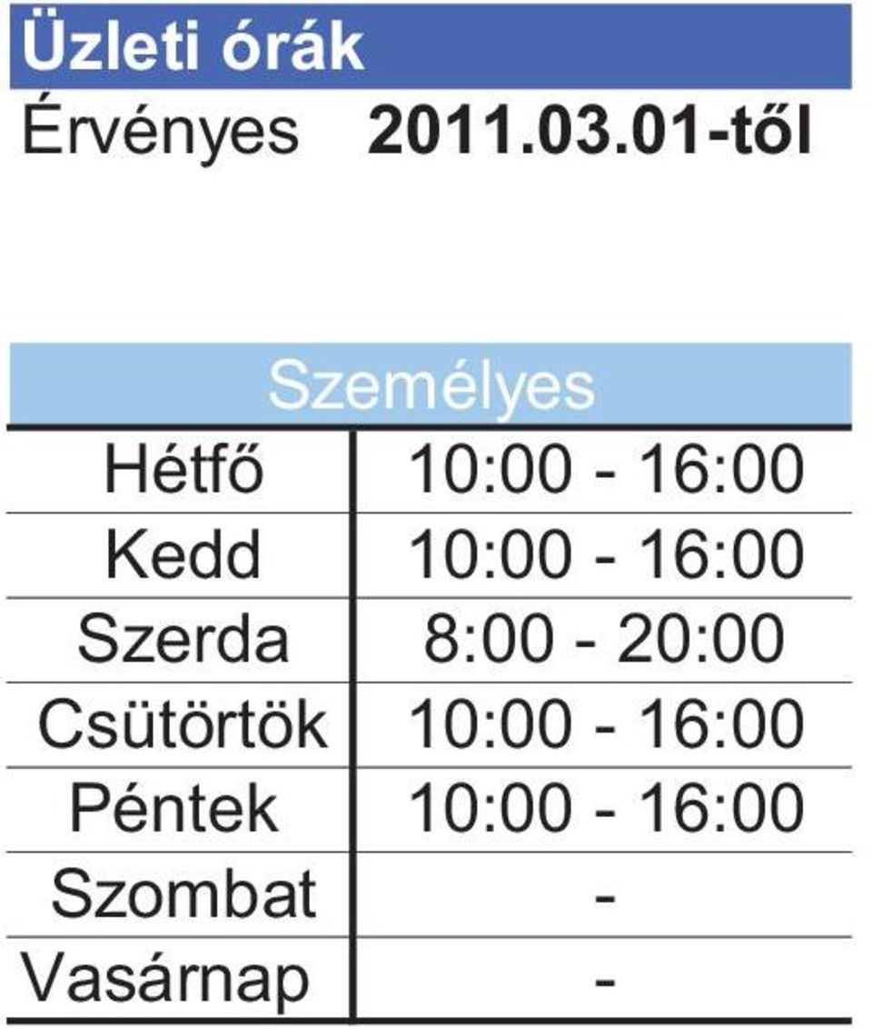 10:00-16:00 Szerda 8:00-20:00 Csütörtök