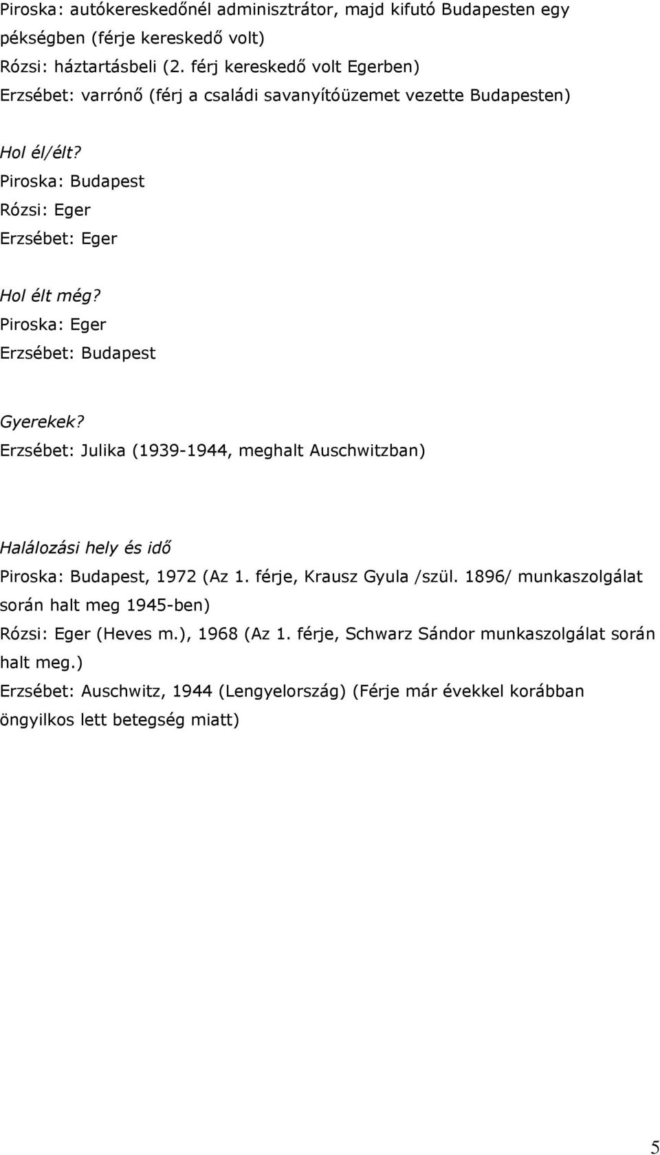 Piroska: Eger Erzsébet: Budapest Gyerekek? Erzsébet: Julika (1939-1944, meghalt Auschwitzban) Halálozási hely és idő Piroska: Budapest, 1972 (Az 1. férje, Krausz Gyula /szül.