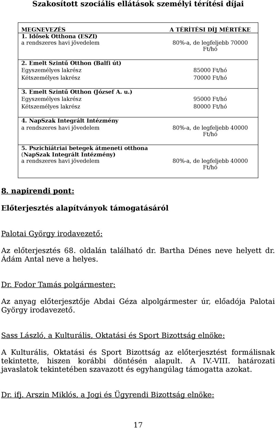 ) Egyszemélyes lakrész Kétszemélyes lakrész 85000 Ft/hó 70000 Ft/hó 95000 Ft/hó 80000 Ft/hó 4. NapSzak Integrált Intézmény a rendszeres havi jövedelem 80%-a, de legfeljebb 40000 Ft/hó 5.