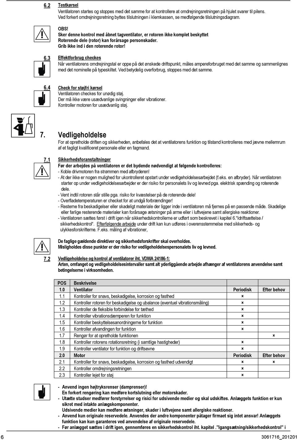 Sker denne kontrol med åbnet tagventilator, er rotoren ikke komplet beskyttet Roterende dele (rotor) kan forårsage personskader. Grib ikke ind i den roterende rotor! 6.