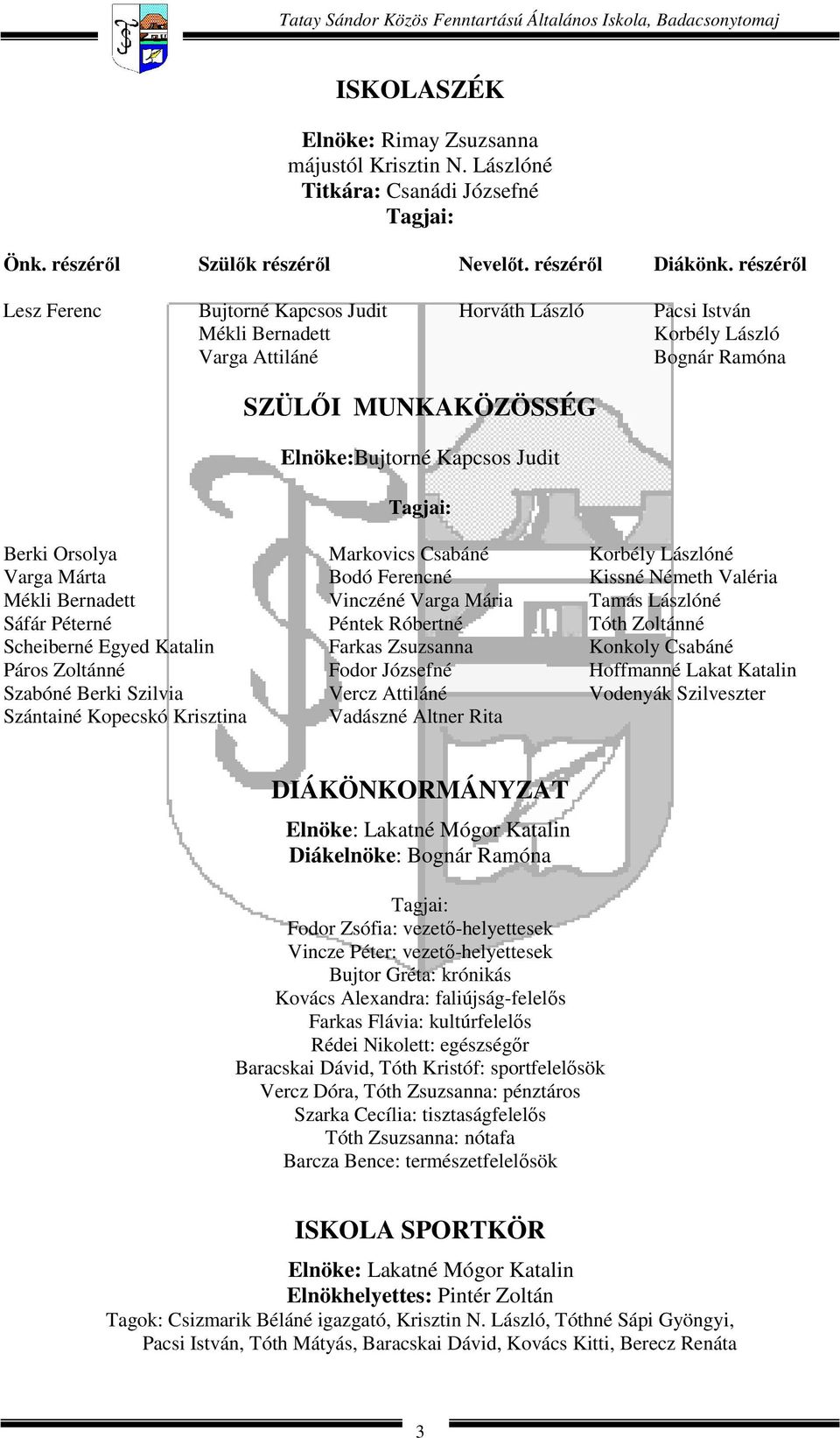 Orsolya Markovics Csabáné Korbély Lászlóné Varga Márta Bodó Ferencné Kissné Németh Valéria Mékli Bernadett Vinczéné Varga Mária Tamás Lászlóné Sáfár Péterné Péntek Róbertné Tóth Zoltánné Scheiberné