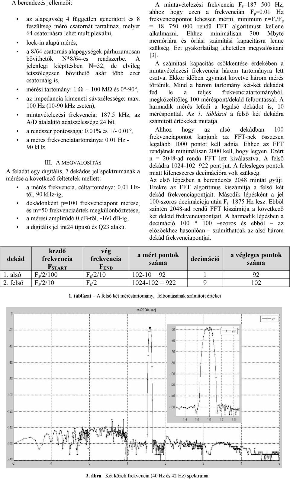 A jelenlegi kiépítésben N=32, de elvileg tetszőlegesen bővíthető akár több ezer csatornáig is, mérési tartomány: 1 Ω 100 MΩ és 0-90, az impedancia kimeneti sávszélessége: max.