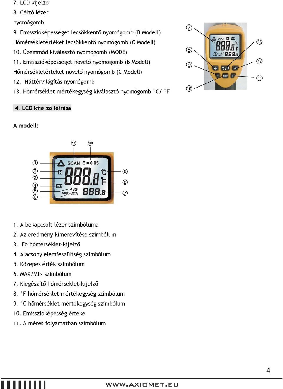 LCD kijelző leírása A modell: 1. A bekapcsolt lézer szimbóluma 2. Az eredmény kimerevítése szimbólum 3. Fő hőmérséklet-kijelző 4. Alacsony elemfeszültség szimbólum 5.