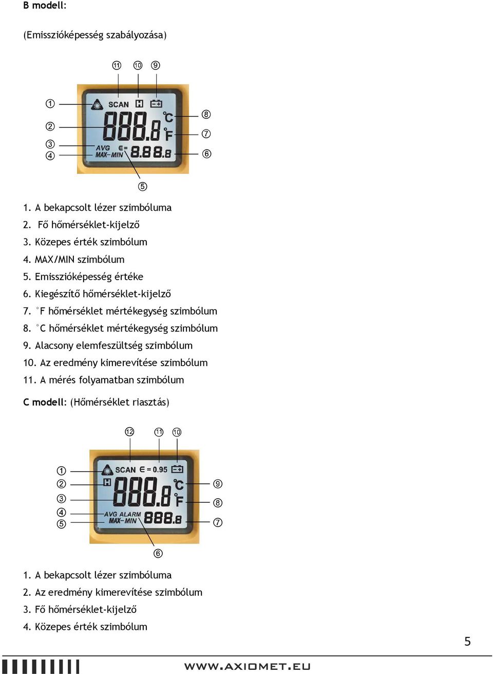 C hőmérséklet mértékegység szimbólum 9. Alacsony elemfeszültség szimbólum 10. Az eredmény kimerevítése szimbólum 11.