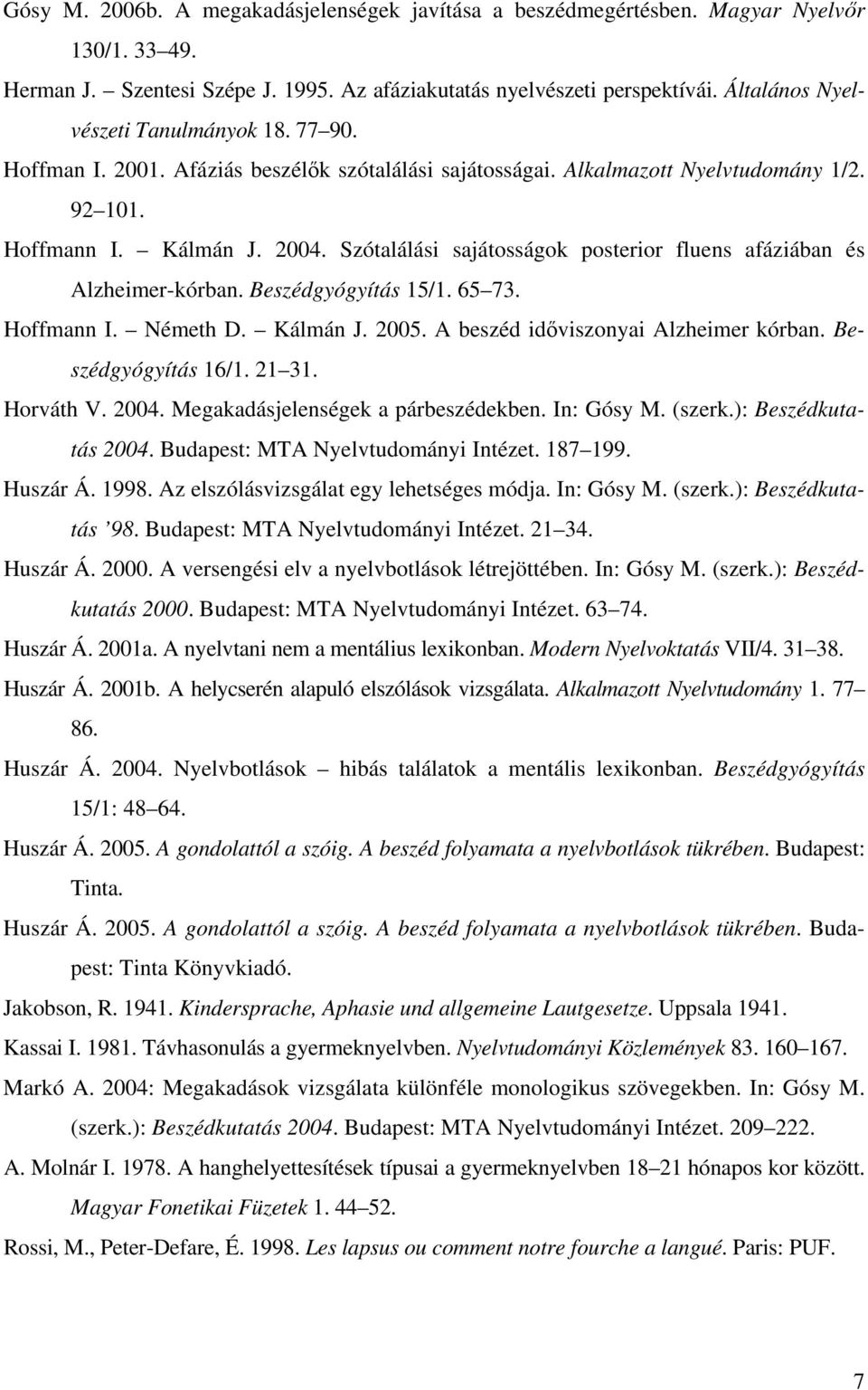 Szótalálási sajátosságok posterior fluens afáziában és Alzheimer-kórban. Beszédgyógyítás 15/1. 65 73. Hoffmann I. Németh D. Kálmán J. 2005. A beszéd időviszonyai Alzheimer kórban.