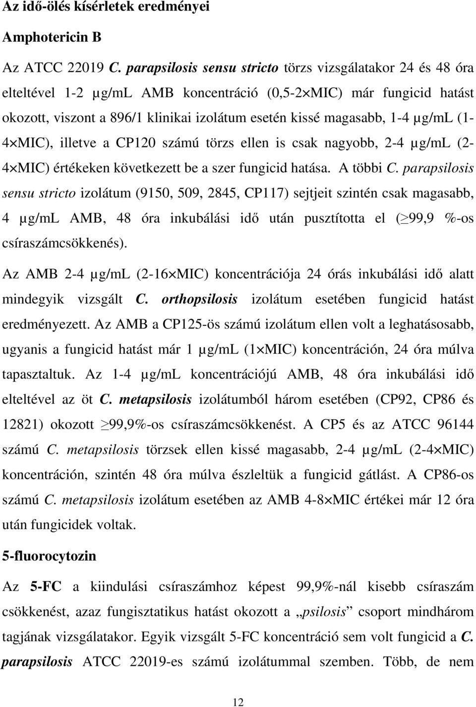 µg/ml (1-4 MIC), illetve a CP120 számú törzs ellen is csak nagyobb, 2-4 µg/ml (2-4 MIC) értékeken következett be a szer fungicid hatása. A többi C.