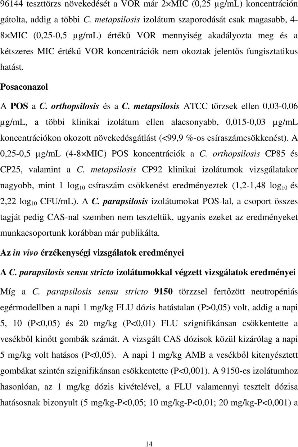 Posaconazol A POS a C. orthopsilosis és a C.