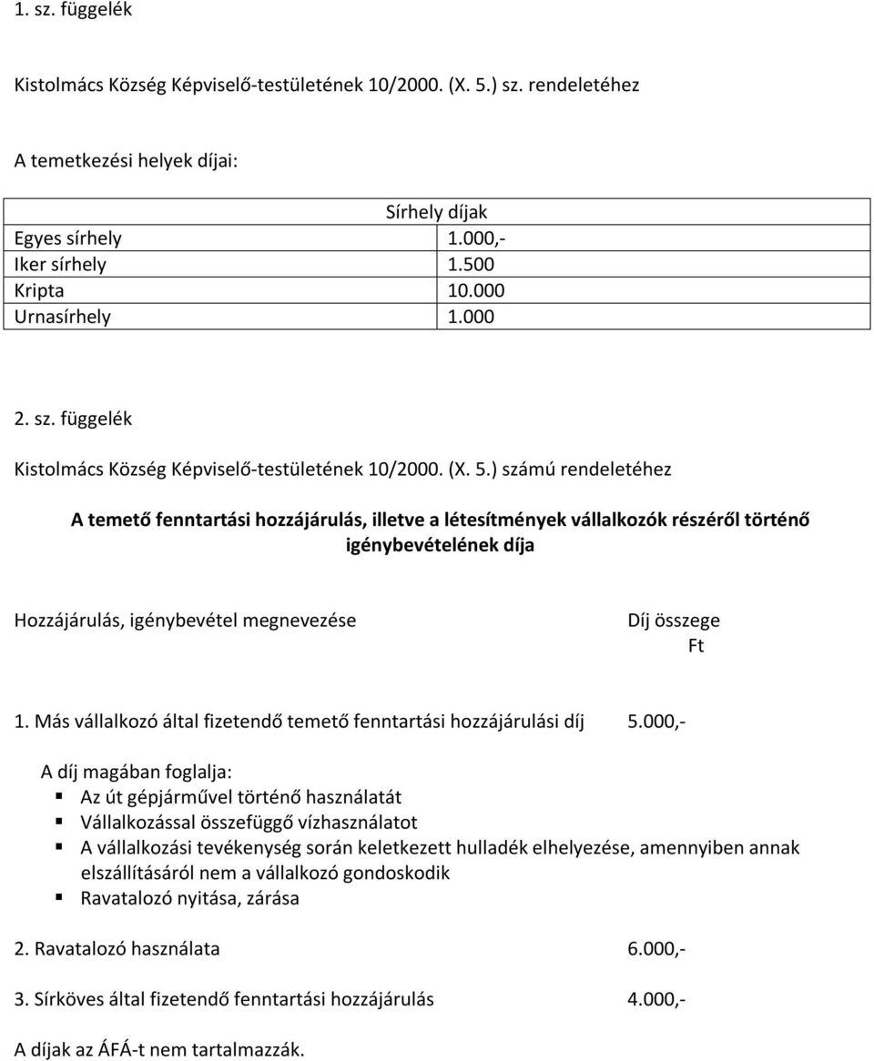 ) számú rendeletéhez A temető fenntartási hozzájárulás, illetve a létesítmények vállalkozók részéről történő igénybevételének díja Hozzájárulás, igénybevétel megnevezése Díj összege Ft 1.