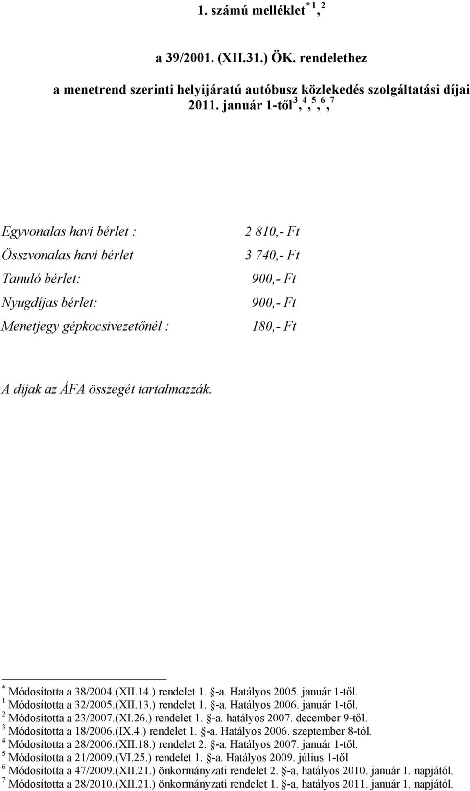 ÁFA összegét tartalmazzák. * Módosította a 38/2004.(XII.14.) rendelet 1. -a. Hatályos 2005. január 1-től. 1 Módosította a 32/2005.(XII.13.) rendelet 1. -a. Hatályos 2006. január 1-től. 2 Módosította a 23/2007.