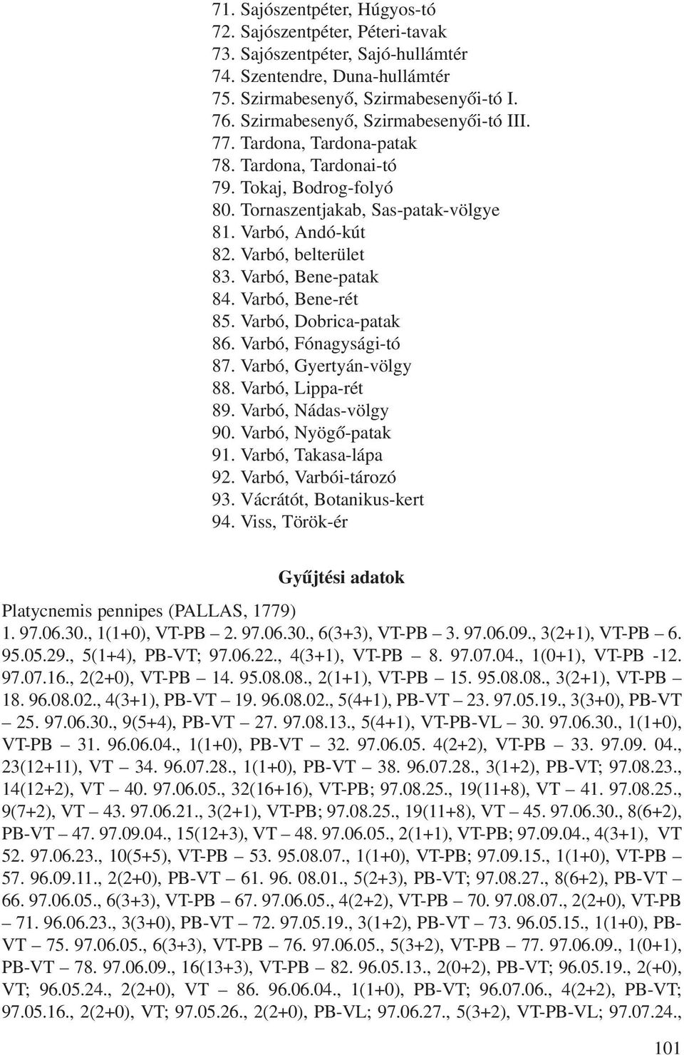 Varbó, Bene-patak 84. Varbó, Bene-rét 85. Varbó, Dobrica-patak 86. Varbó, Fónagysági-tó 87. Varbó, Gyertyán-völgy 88. Varbó, Lippa-rét 89. Varbó, Nádas-völgy 90. Varbó, Nyögô-patak 91.