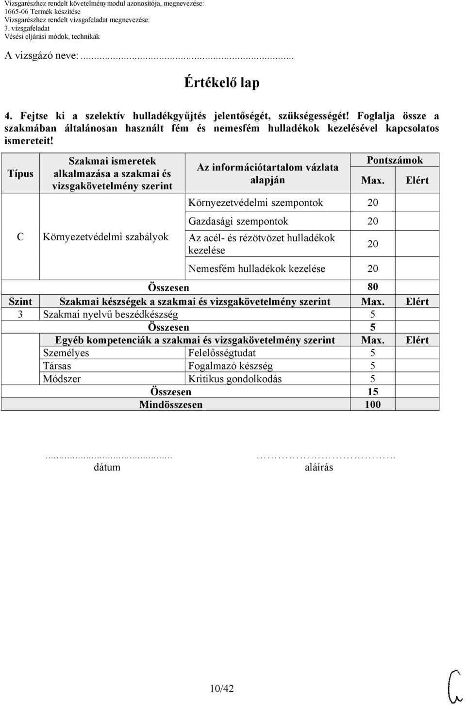 Típus C Szakmai ismeretek alkalmazása a szakmai és vizsgakövetelmény szerint Környezetvédelmi szabályok z információtartalom vázlata alapján Pontszámok Max.