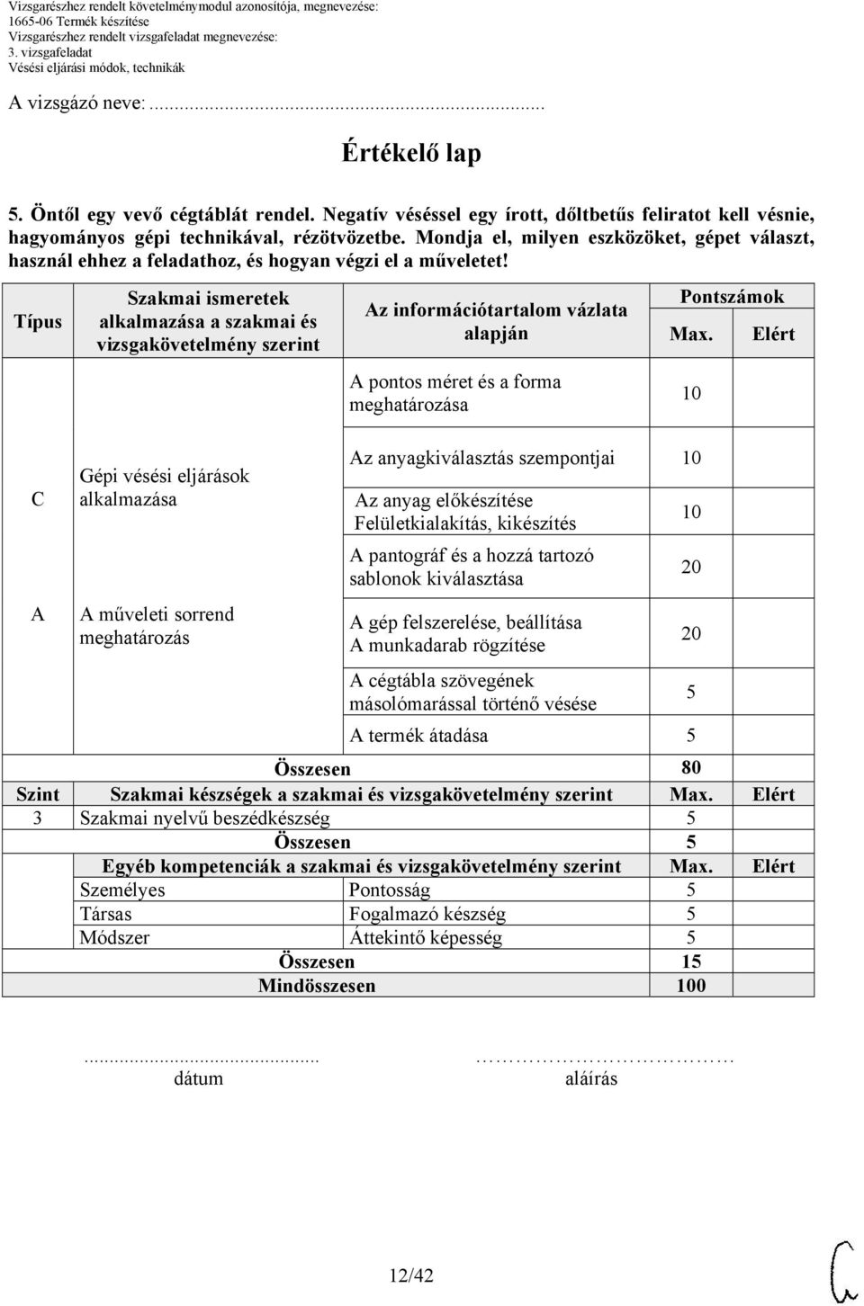 Típus C Szakmai ismeretek alkalmazása a szakmai és vizsgakövetelmény szerint Gépi vésési eljárások alkalmazása műveleti sorrend meghatározás z információtartalom vázlata alapján pontos méret és a