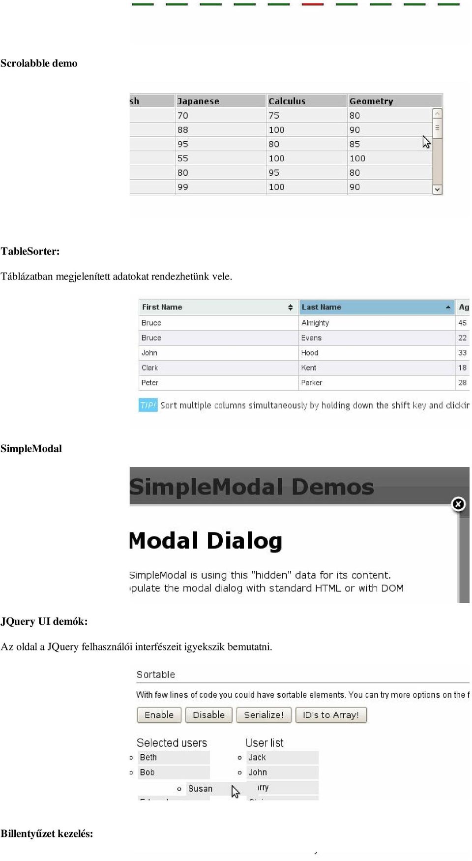 SimpleModal JQuery UI demók: Az oldal a JQuery