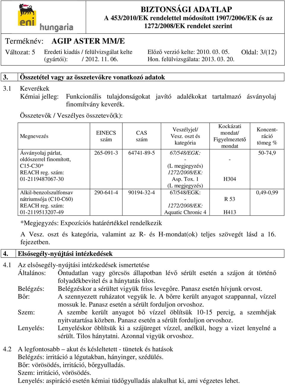 oszt és kategória Kockázati mondat/ Figyelmeztető mondat Koncentráció tömeg % Ásványolaj párlat, 265-091-3 64741-89-5 67/548/EGK: 50-74,9 oldószerrel finomított, - - C15-C30* (L megjegyzés) REACH reg.