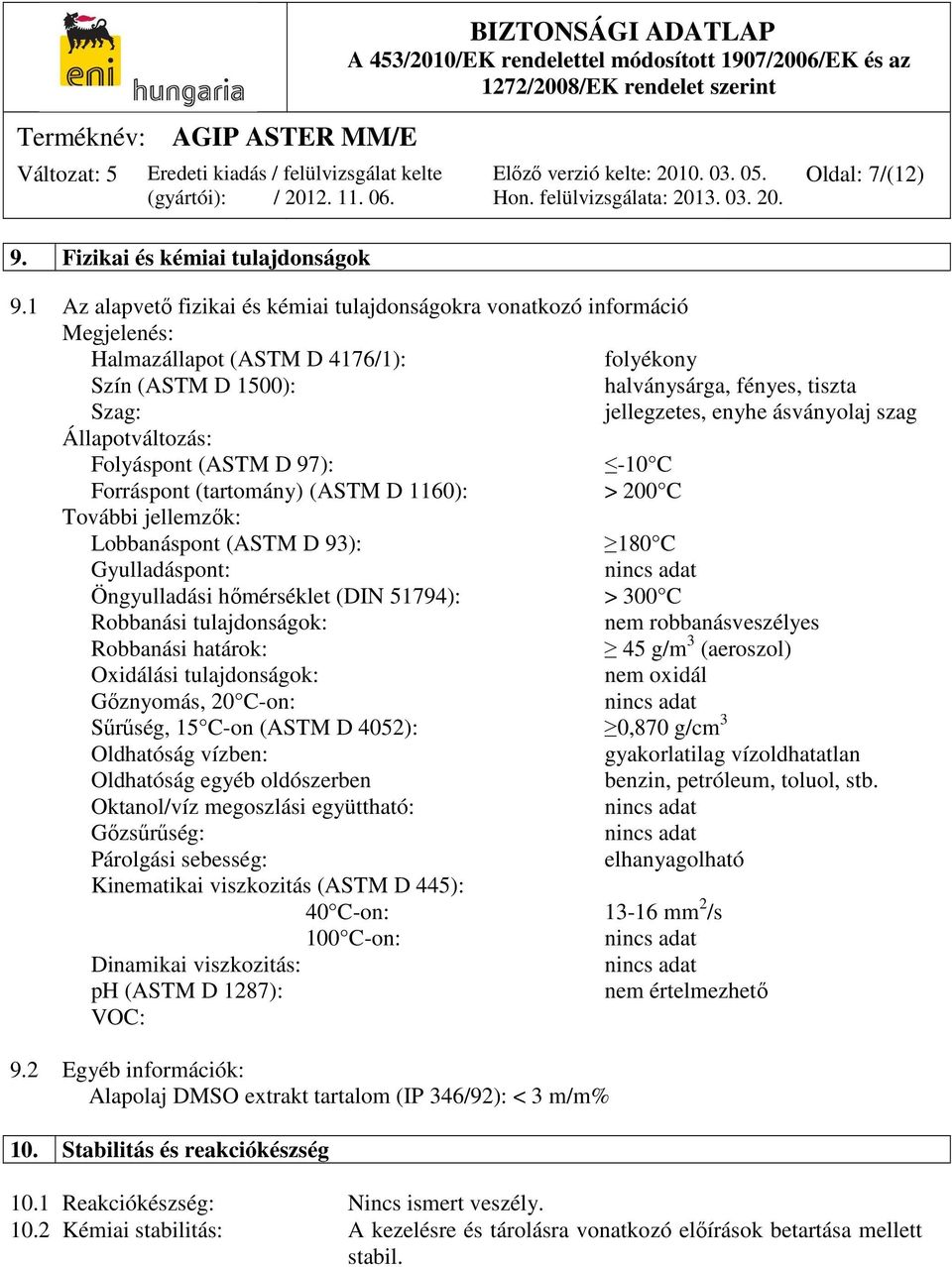 ásványolaj szag Állapotváltozás: Folyáspont (ASTM D 97): -10 C Forráspont (tartomány) (ASTM D 1160): > 200 C További jellemzők: Lobbanáspont (ASTM D 93): 180 C Gyulladáspont: Öngyulladási hőmérséklet