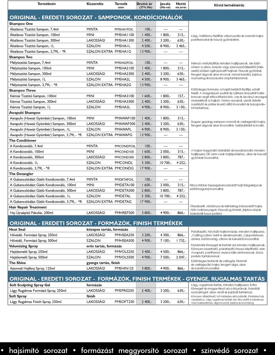 PMSHA1G 13 900,- Shampoo Two Mélytisztító Sampon, 7,4ml MINTA PMSHA2FOIL 100,- Mélytisztító Sampon, 100ml MINI PMSHA2100 1 400,- 1 800,- 315,- Mélytisztító Sampon, 300ml LAKOSSÁGI PMSHA2300 2 400,- 3