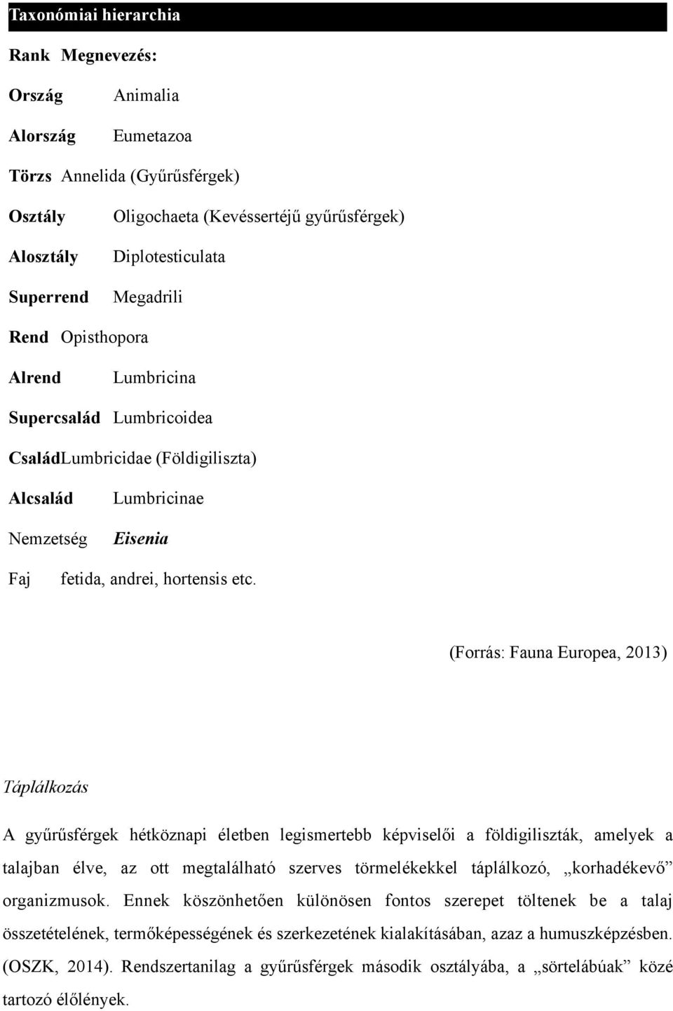 (Forrás: Fauna Europea, 2013) Táplálkozás A gyűrűsférgek hétköznapi életben legismertebb képviselői a földigiliszták, amelyek a talajban élve, az ott megtalálható szerves törmelékekkel táplálkozó,