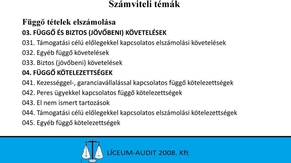 Biztos (jövőbeni) követelések 04. FÜGGŐ KÖTELEZETTSÉGEK 041.