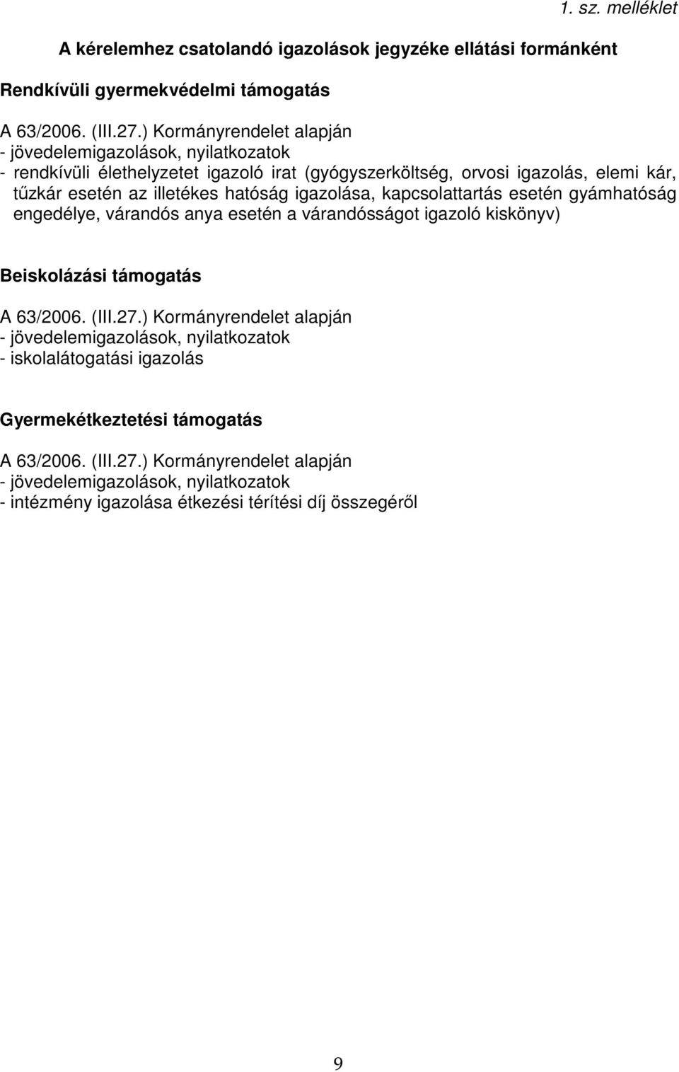 hatóság igazolása, kapcsolattartás esetén gyámhatóság engedélye, várandós anya esetén a várandósságot igazoló kiskönyv) Beiskolázási támogatás A 63/2006. (III.27.