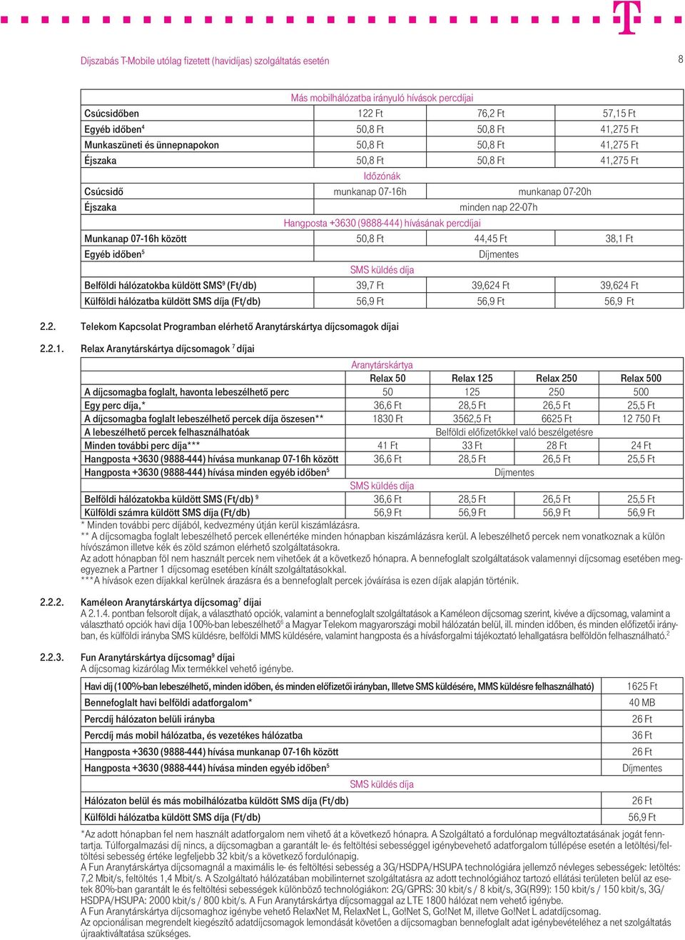 időben 5 SMS küldés díja Belföldi hálózatokba küldött SMS 9 (Ft/db) 39,7 Ft 39,624 Ft 39,624 Ft Külföldi hálózatba küldött SMS díja (Ft/db) 56,9 Ft 56,9 Ft 56,9 Ft 2.2. Telekom Kapcsolat Programban elérhető Aranytárskártya díjcsomagok díjai 2.