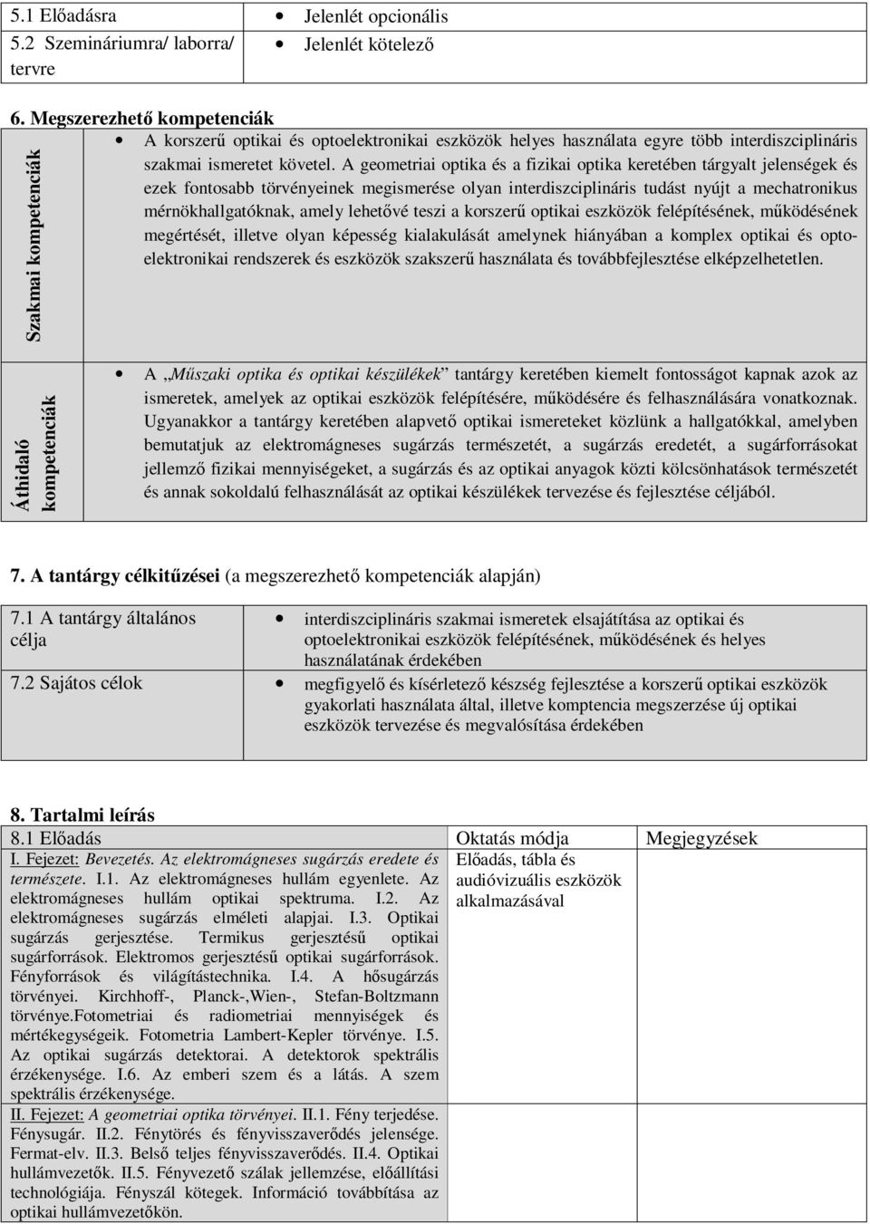 A geometriai optika és a fizikai optika keretében tárgyalt jelenségek és ezek fontosabb törvényeinek megismerése olyan interdiszciplináris tudást nyújt a mechatronikus mérnökhallgatóknak, amely