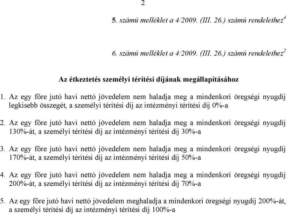 Az egy főre jutó havi nettó jövedelem nem haladja meg a mindenkori öregségi nyugdíj 130%-át, a személyi térítési díj az intézményi térítési díj 30%-a 3.