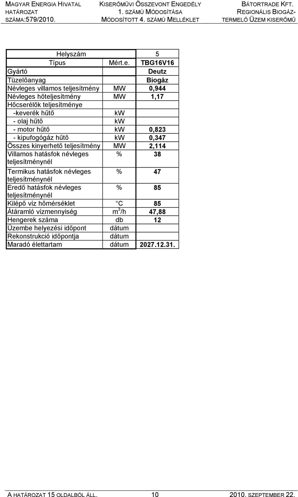 TBG16V16 Gyártó Deutz Tüzelőanyag Biogáz Névleges villamos teljesítmény MW 0,944 Névleges hőteljesítmény MW 1,17 Hőcserélők teljesítménye -keverék hűtő kw - olaj hűtő kw - motor