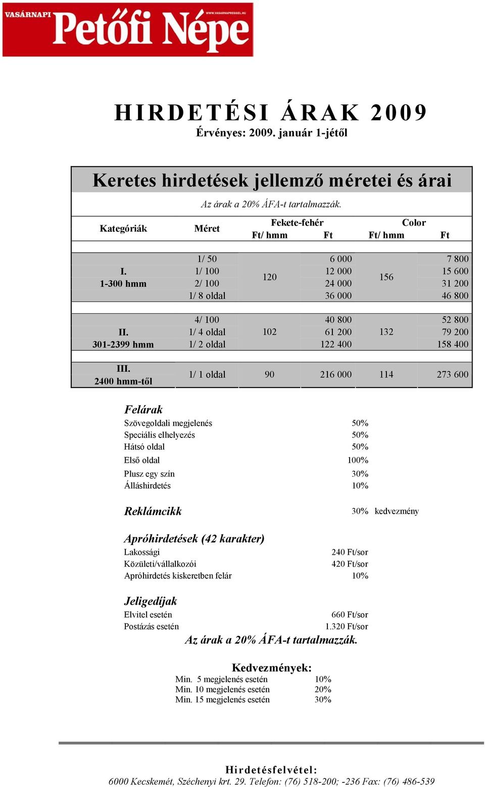 2400 hmm-től 1/ 1 oldal 90 216 000 114 273 600 Felárak Szövegoldali megjelenés 50% Speciális elhelyezés 50% Hátsó oldal 50% Első oldal 100% Plusz egy szín 30% Állás 10% Reklámcikk 30% kedvezmény