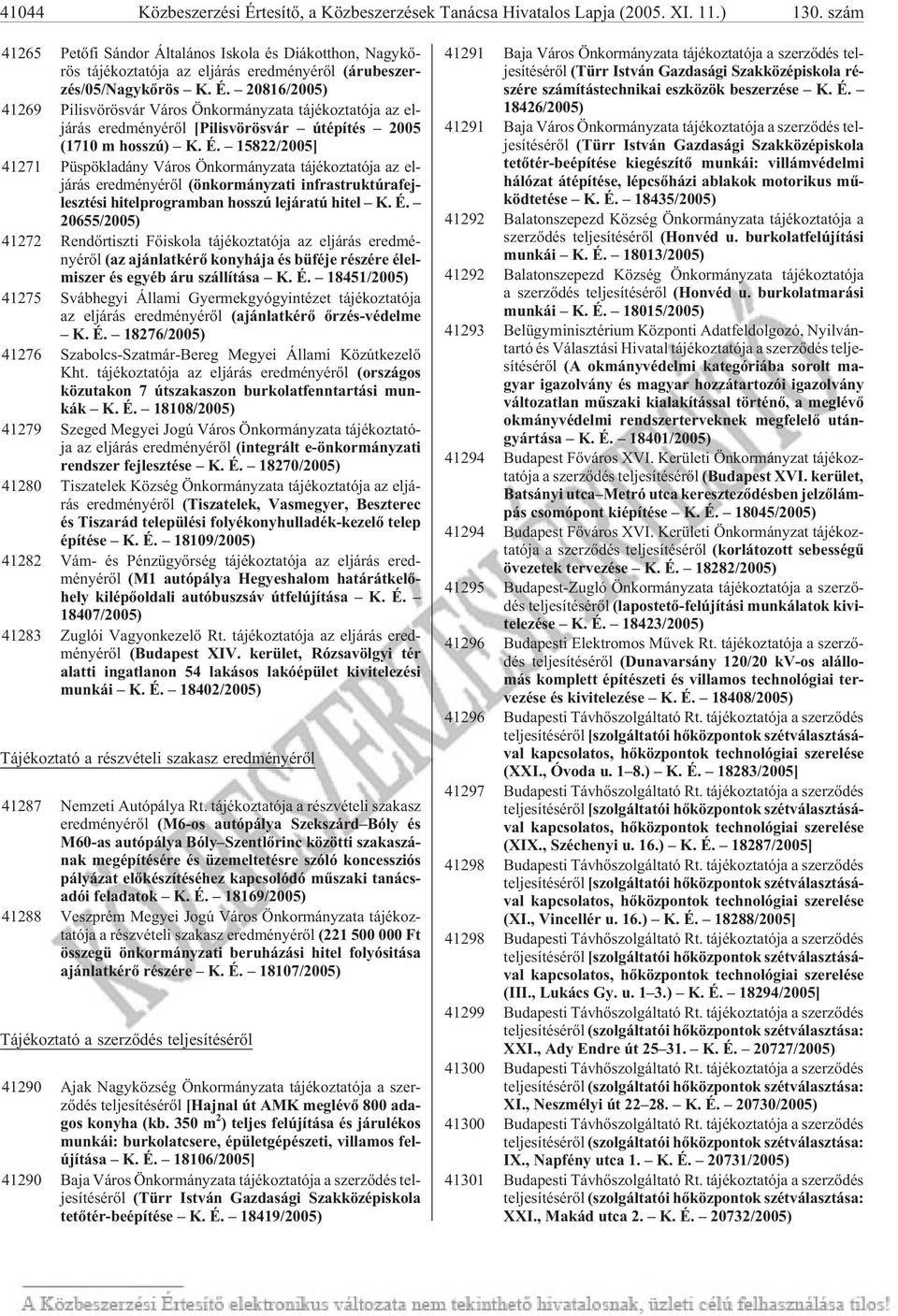 20816/2005) 41269 Pi lis vö rös vár Vá ros Ön kor mány za ta tá jé koz ta tó ja az el - já rás ered mé nyé rõl [Pi lis vö rös vár út épí tés 2005 (1710 m hosszú) K. É.