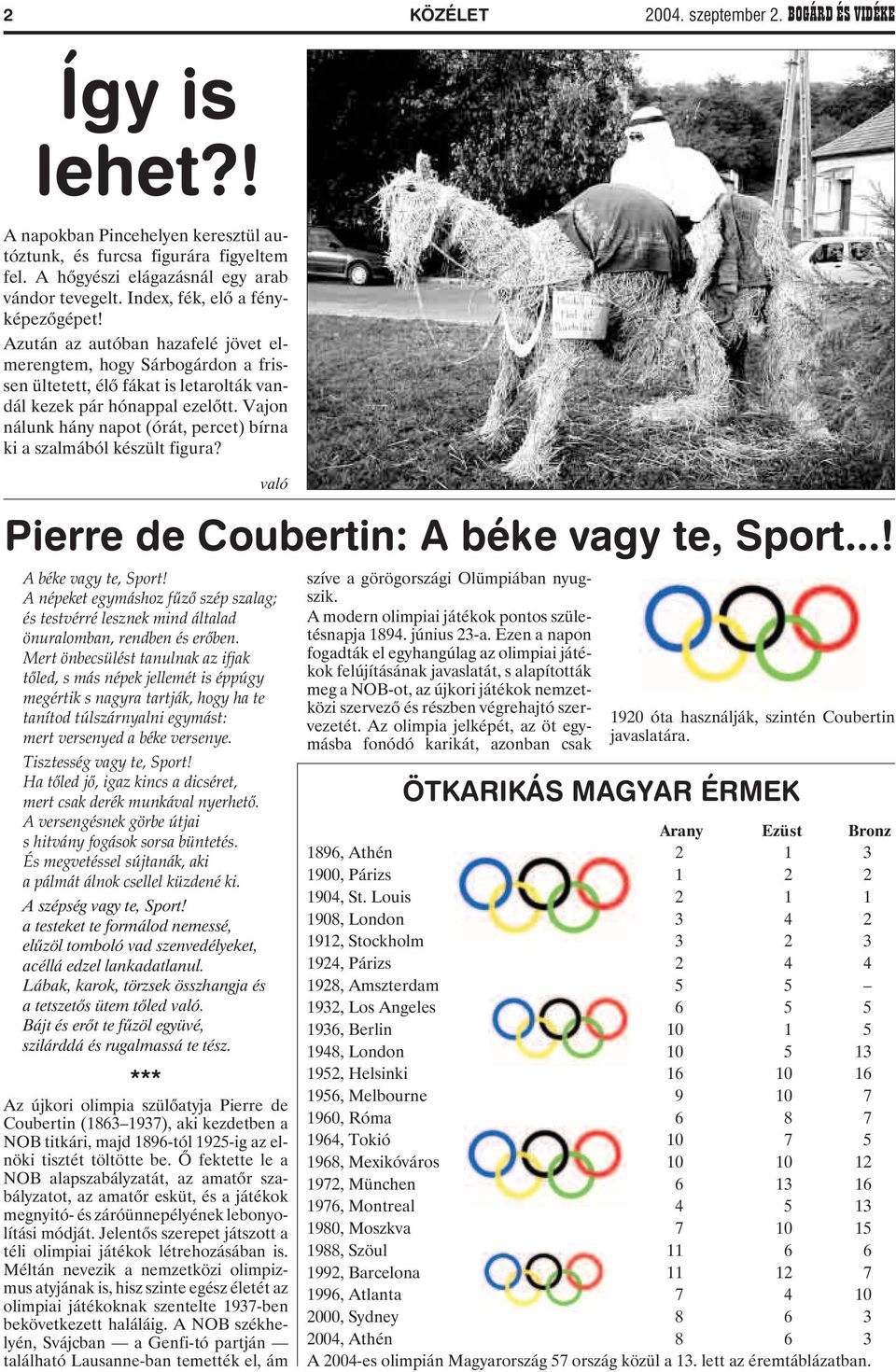 Vajon nálunk hány napot (órát, percet) bírna ki a szalmából készült figura? való Pierre de Coubertin: A béke vagy te, Sport.