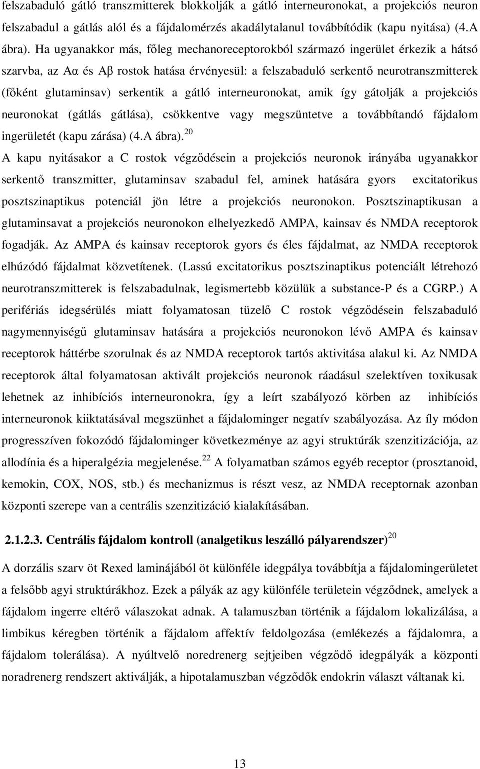 serkentik a gátló interneuronokat, amik így gátolják a projekciós neuronokat (gátlás gátlása), csökkentve vagy megszüntetve a továbbítandó fájdalom ingerületét (kapu zárása) (4.A ábra).