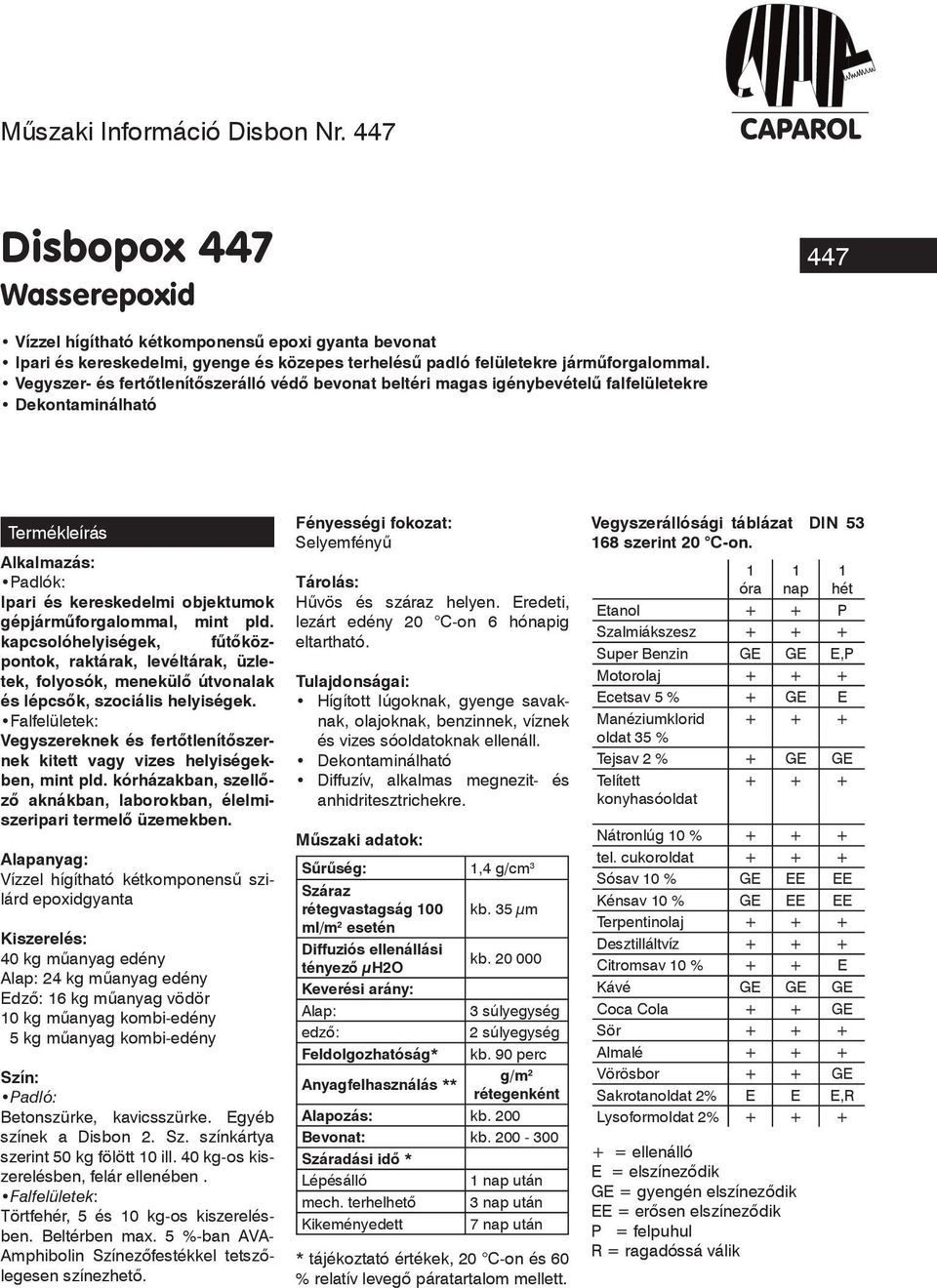 Vegyszer- és fertôtlenítôszerálló védô bevonat beltéri magas igénybevételû falfelületekre Dekontaminálható Termékleírás Alkalmazás: Padlók: Ipari és kereskedelmi objektumok gépjármûforgalommal, mint