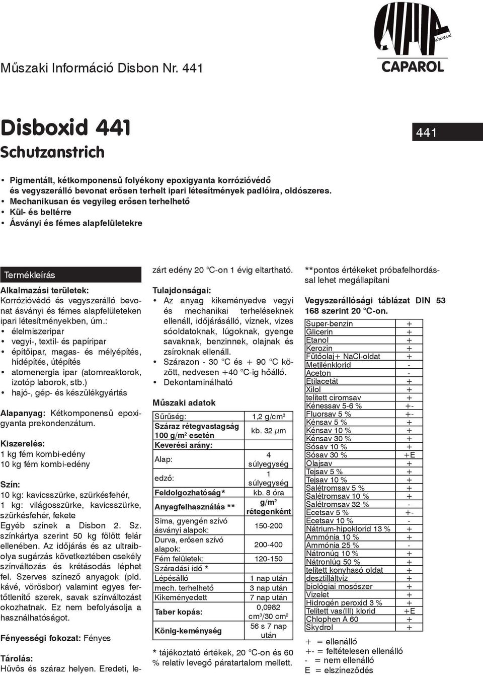 Mechanikusan és vegyileg erôsen terhelhetô Kül- és beltérre Ásványi és fémes alapfelületekre Termékleírás Alkalmazási területek: Korrózióvédô és vegyszerálló bevonat ásványi és fémes alapfelületeken