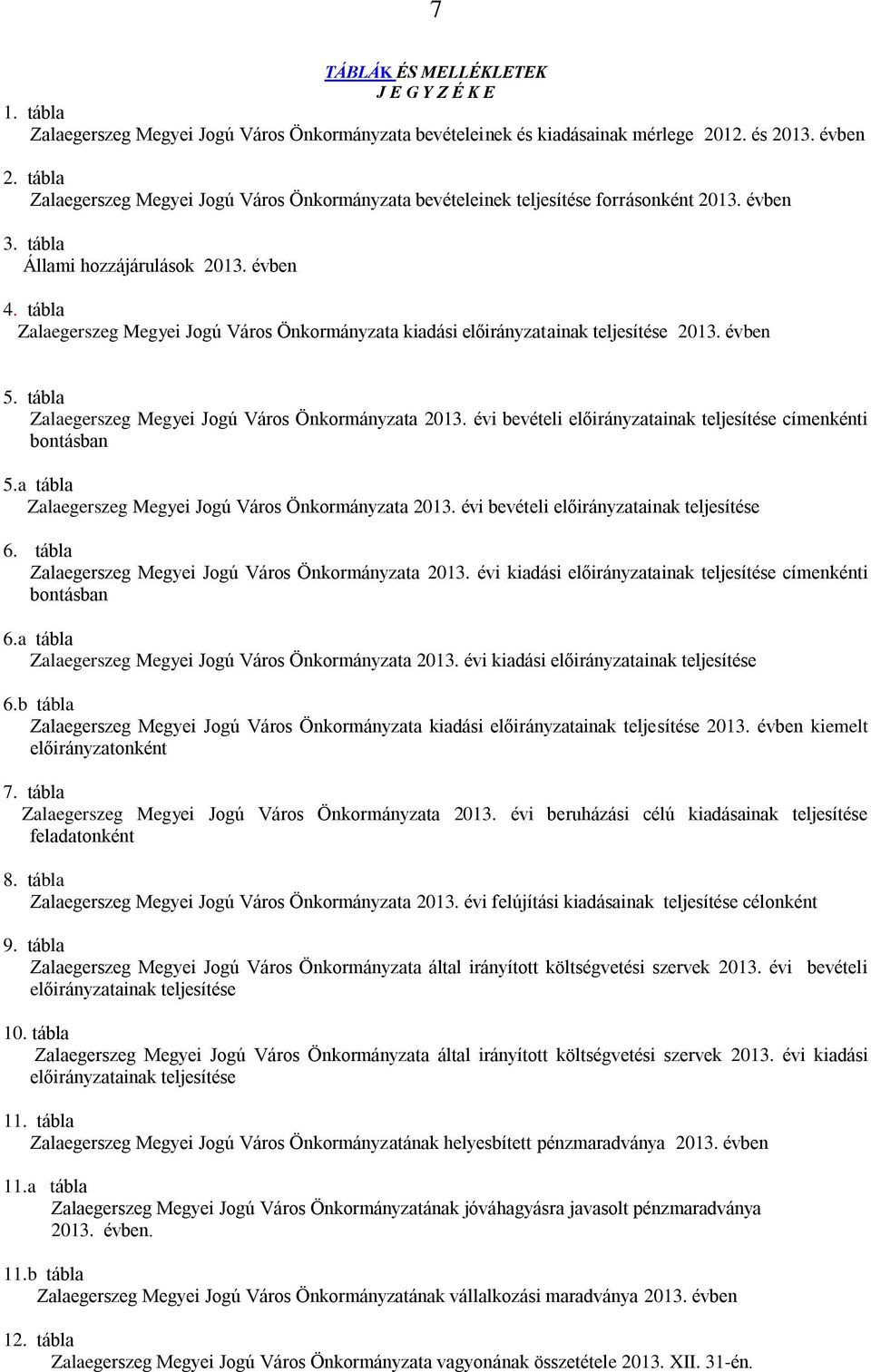 tábla Zalaegerszeg Megyei Jogú Város Önkormányzata kiadási előirányzatainak teljesítése 2013. évben 5. tábla Zalaegerszeg Megyei Jogú Város Önkormányzata 2013.