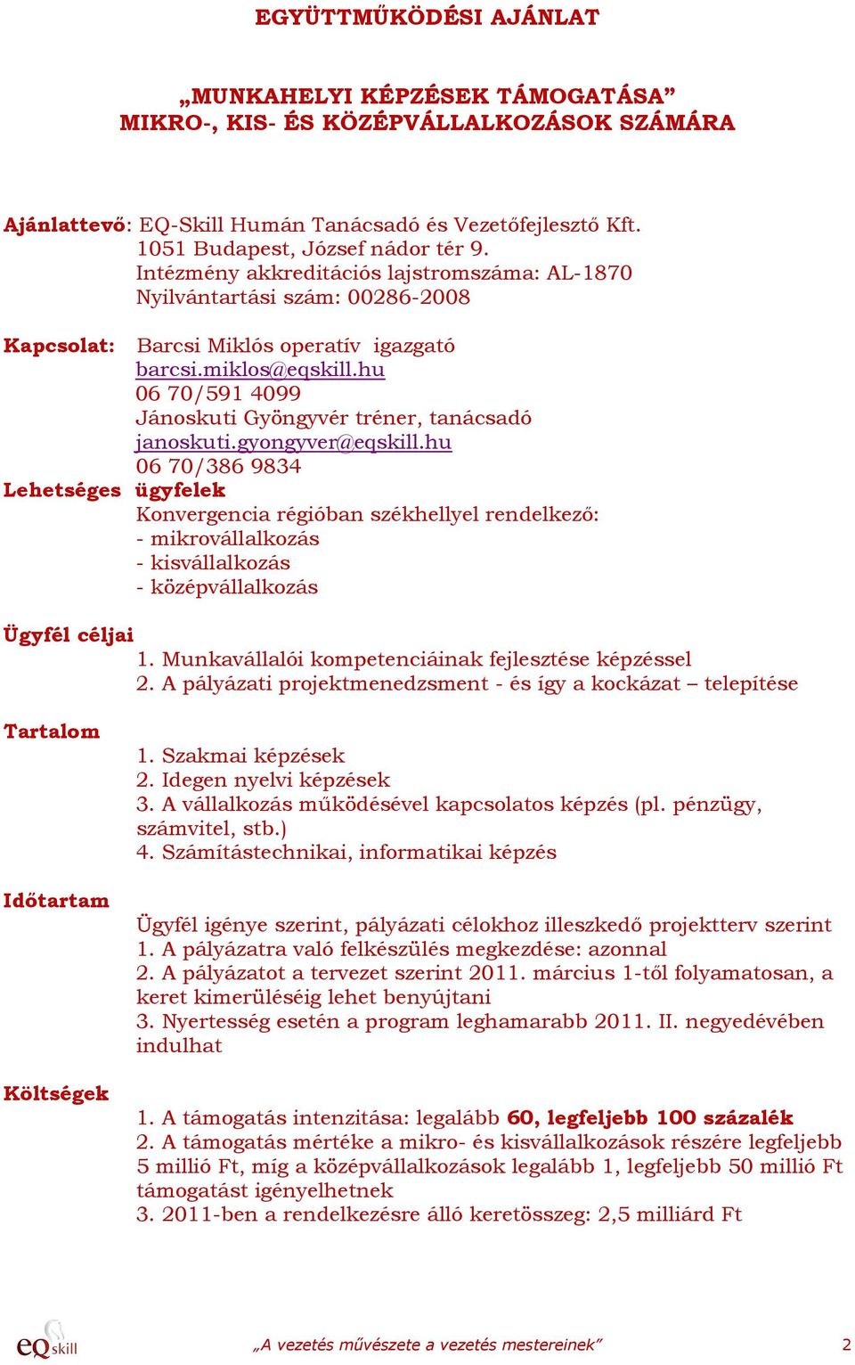 hu 06 70/591 4099 Jánoskuti Gyöngyvér tréner, tanácsadó janoskuti.gyongyver@eqskill.