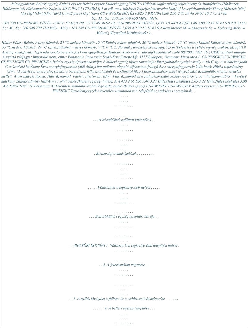 hûtésnél Zajteljesítményszint [db(a)] Levegôáramoltatás Tömeg Méretek [kw] [A] [kg] [kw] [kw] [db(a)] [m3/ perc] [kg] [mm] CS-PW9GKE HÛTÉS 0,825 3,9 R410A 0,80 2,65 2,85 39 48 50 61 10,3 7,5 27 M.