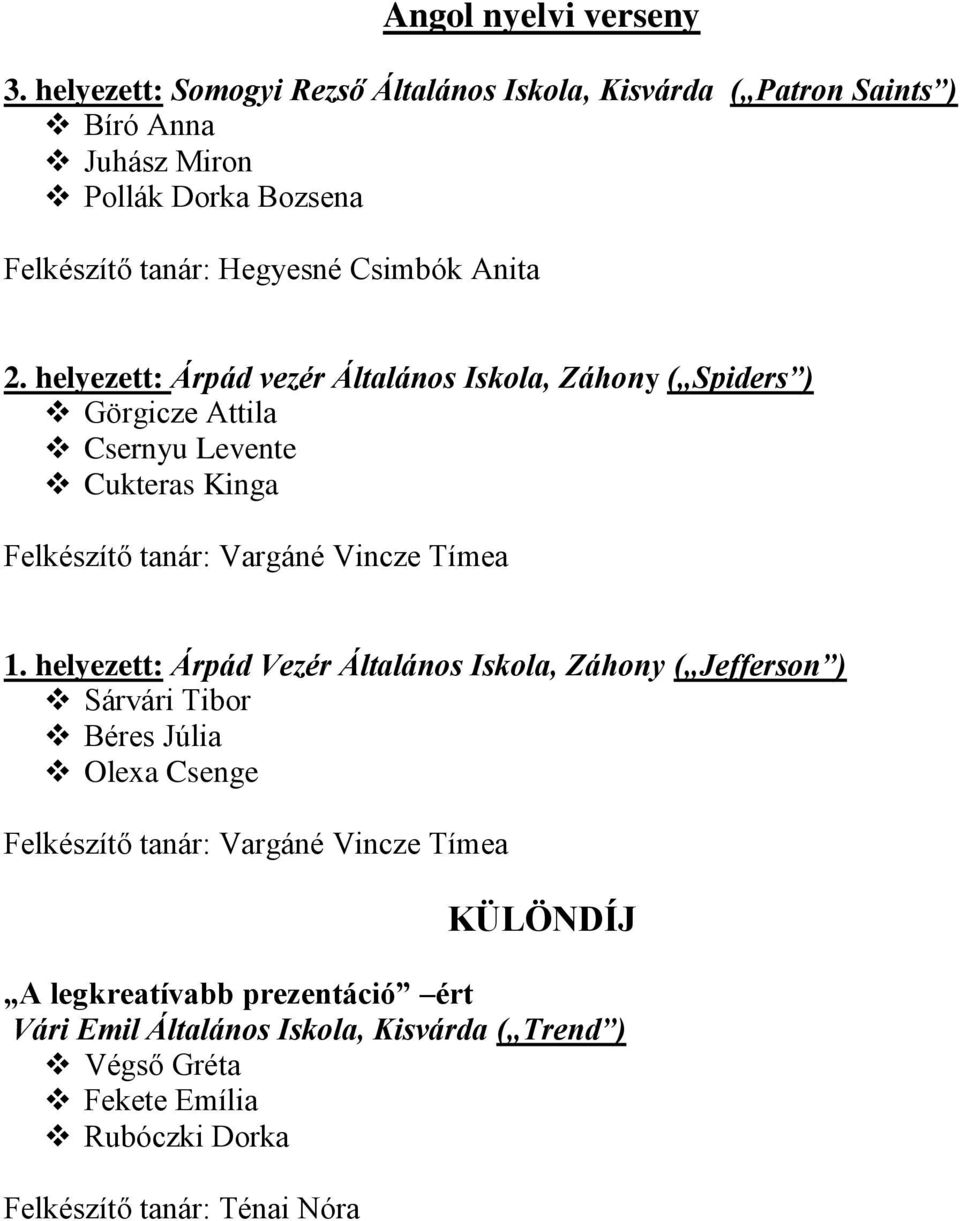 helyezett: Árpád vezér Általános Iskola, Záhony ( Spiders ) Görgicze Attila Csernyu Levente Cukteras Kinga Felkészítő tanár: Vargáné Vincze Tímea 1.