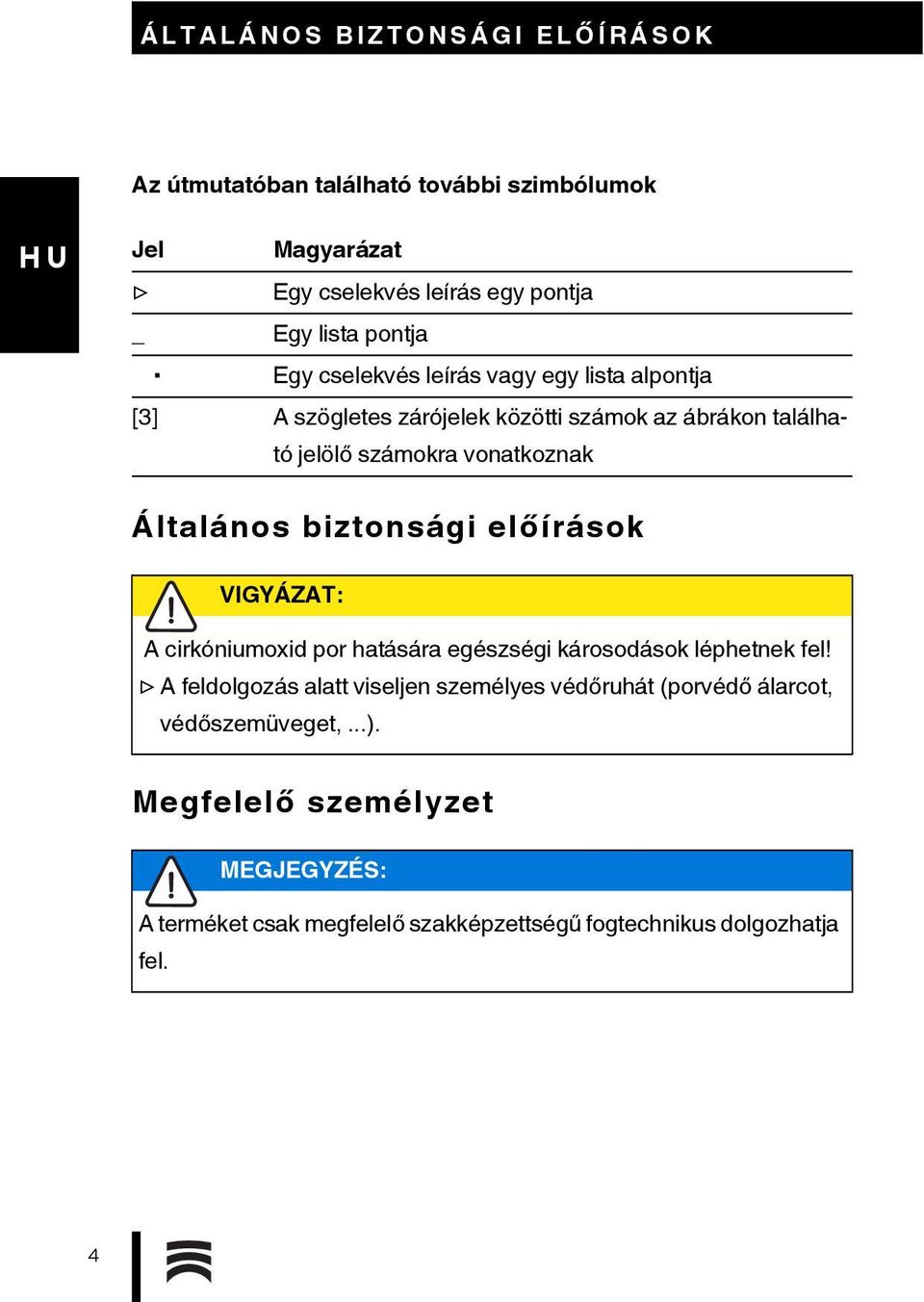 biztonsági előírások VIGYÁZAT: A cirkóniumoxid por hatására egészségi károsodások léphetnek fel!