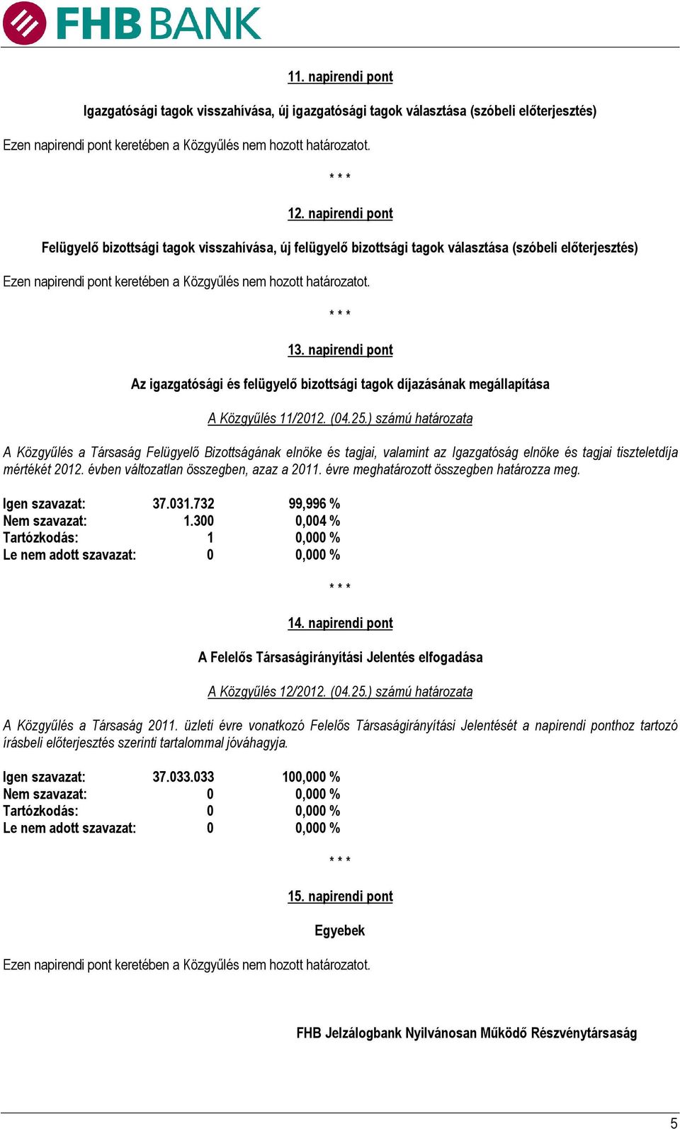 napirendi pont Az igazgatósági és felügyelő bizottsági tagok díjazásának megállapítása A Közgyűlés 11/2012. (04.25.