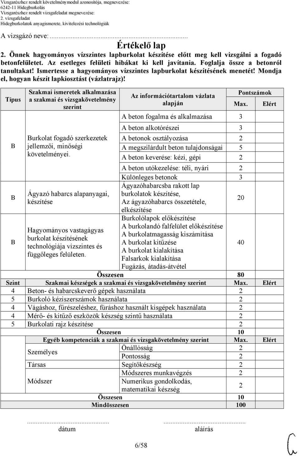 Típus Szakmai ismeretek alkalmazása a szakmai és vizsgakövetelmény szerint Az információtartalom vázlata alapján 6/58 Pontszámok Max.