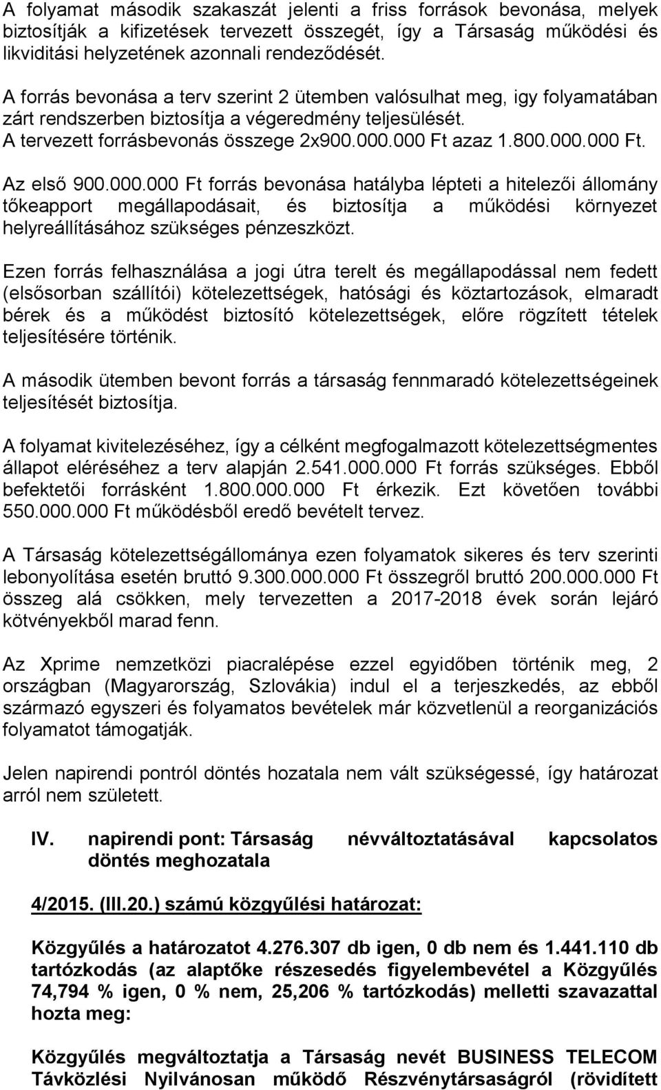 000.000 Ft forrás bevonása hatályba lépteti a hitelezői állomány tőkeapport megállapodásait, és biztosítja a működési környezet helyreállításához szükséges pénzeszközt.