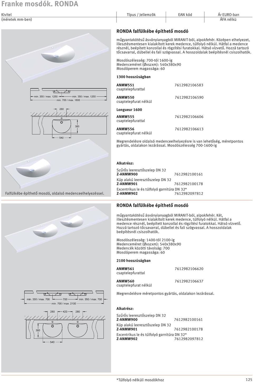 Mosdószélesség: 700-tól 1600-ig Medenceméret (Øxszxm): 540x380x90 Mosdóperem magassága: 60 1300 hosszúságban ANMW551 7612982106583 654, ANMW550 7612982106590 644, Longueur 1600 ANMW555 7612982106606