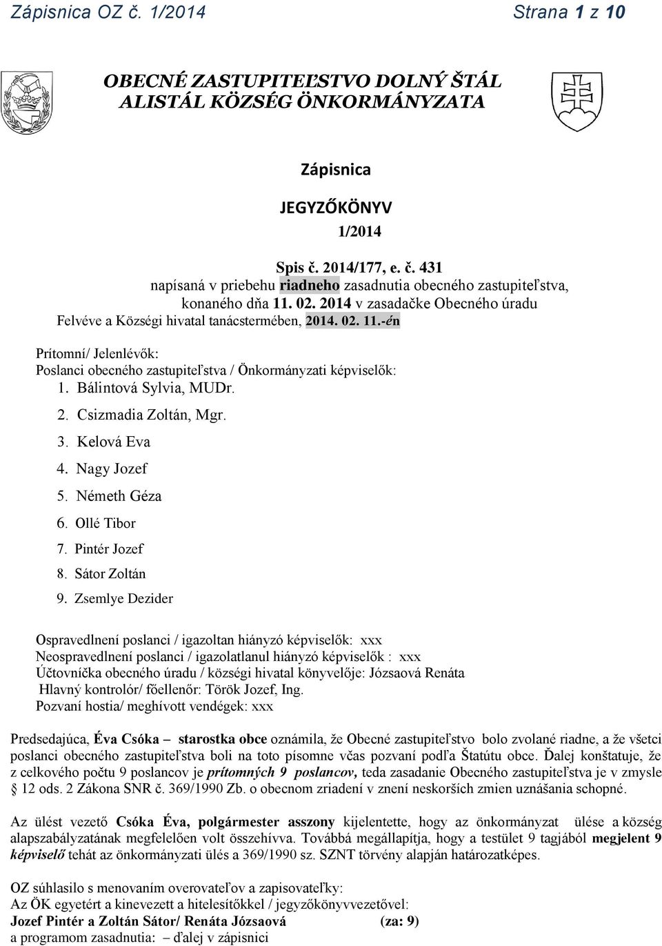 Bálintová Sylvia, MUDr. 2. Csizmadia Zoltán, Mgr. 3. Kelová Eva 4. Nagy Jozef 5. Németh Géza 6. Ollé Tibor 7. Pintér Jozef 8. Sátor Zoltán 9.