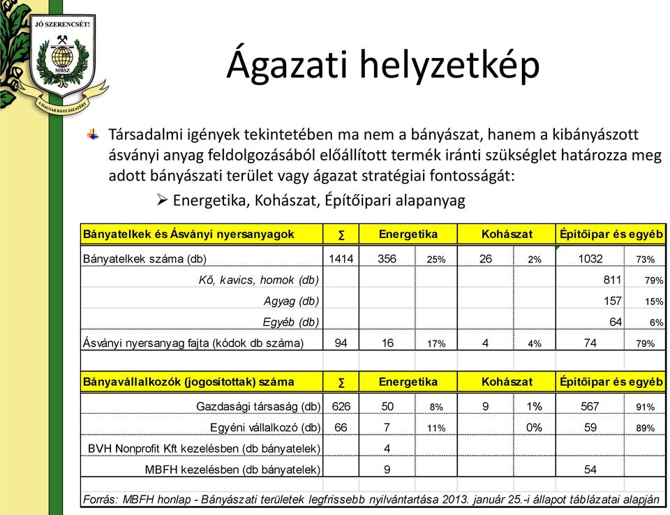 1032 73% Kő, k avics, homok (db) 811 79% Agyag (db) 157 15% Egyéb (db) 64 6% Ásványi nyersanyag fajta (kódok db száma) 94 16 17% 4 4% 74 79% Bányavállalkozók (jogosítottak) száma Energetika Kohászat