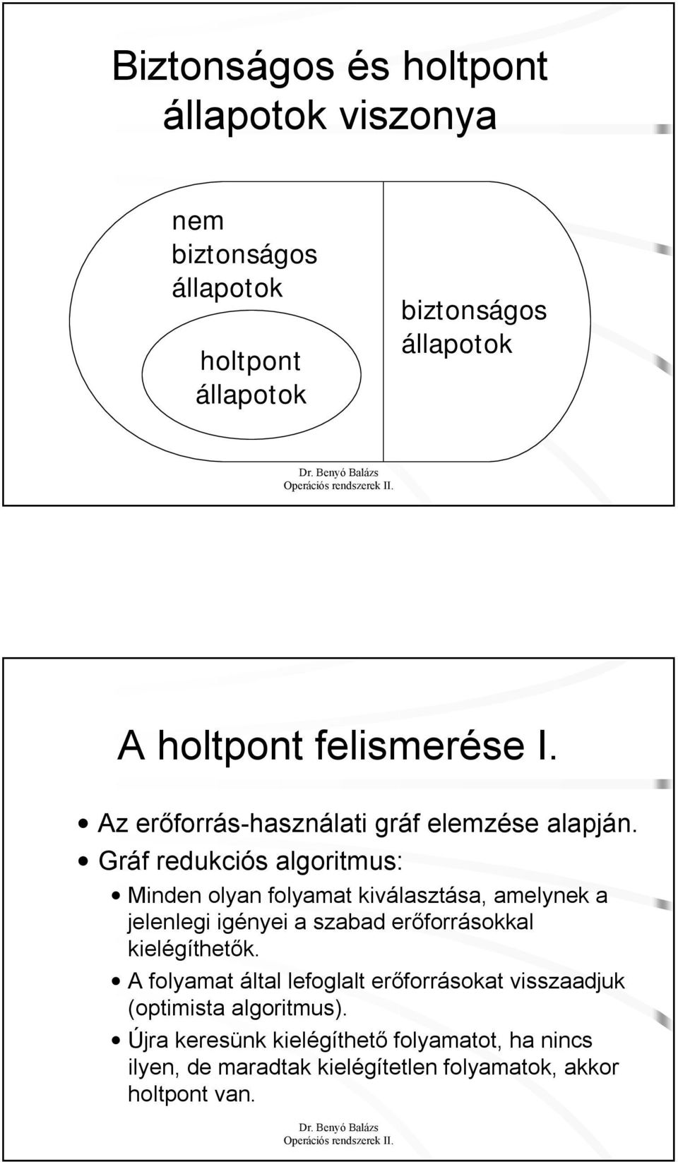 Gráf redukciós algoritmus: Minden olyan folyamat kiválasztása, amelynek a jelenlegi igényei a szabad erőforrásokkal