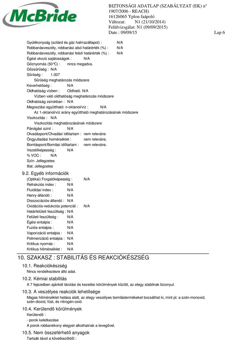 Vízben való oldhatóság meghatározás módszere Oldhatóság zsírokban : Date : 09/09/15 Lap 6 Megoszlási együttható: n-oktanol/víz : Az 1-oktanol/víz arány együttható meghatározásának módszere