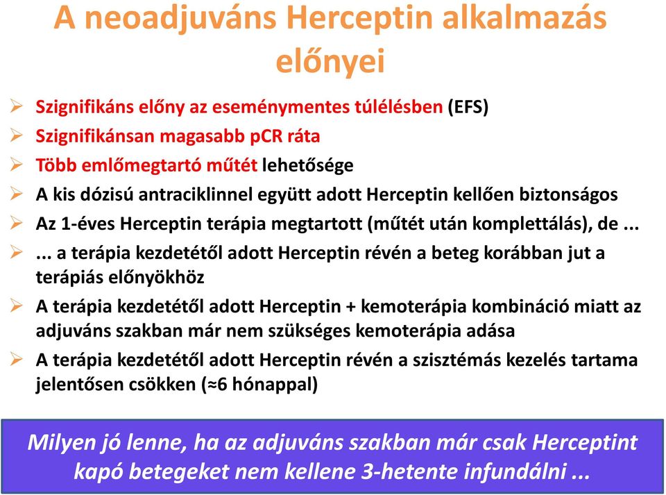 ..... a terápia kezdetétől adott Herceptin révén a beteg korábban jut a terápiás előnyökhöz A terápia kezdetétől adott Herceptin + kemoterápia kombináció miatt az adjuváns szakban már